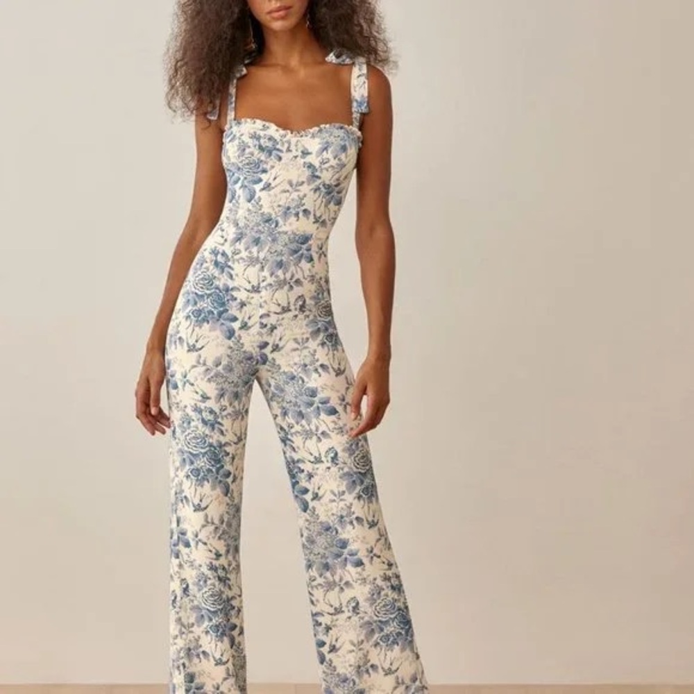 Reformation Alfred Jumpsuit Floral Blue and White